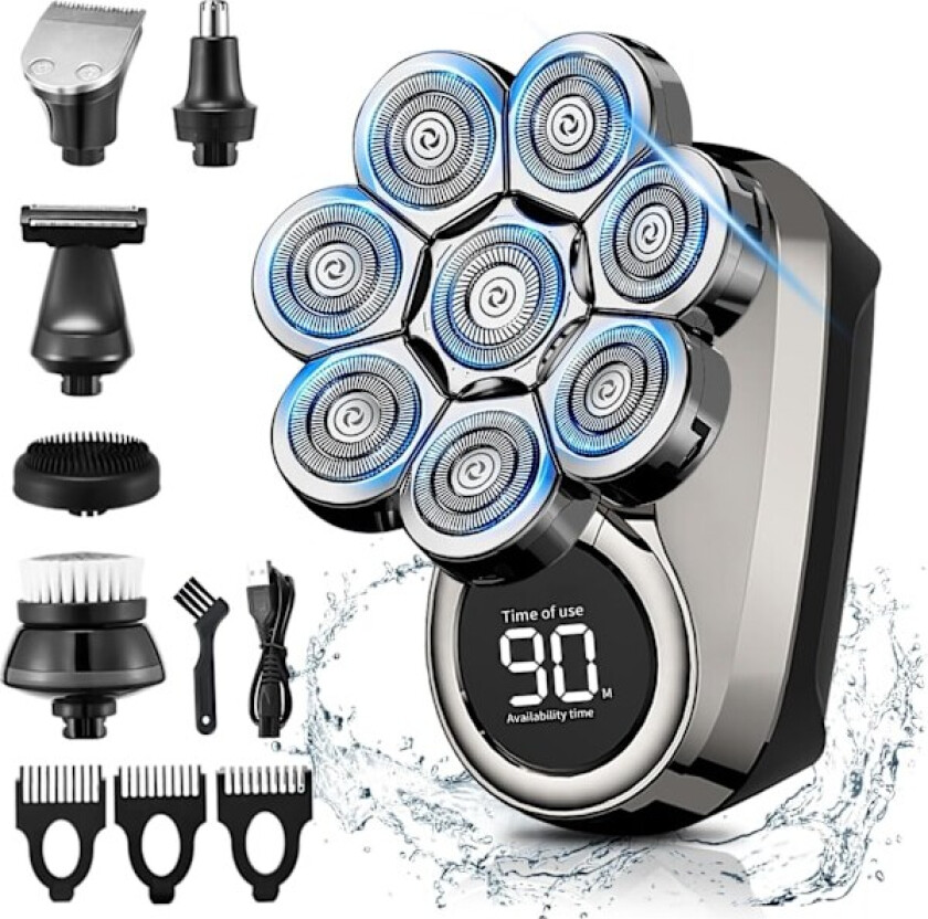 Hodebarbermaskin for menn, 8D 6 i 1 elektrisk barbermaskin, IPX7 vanntett