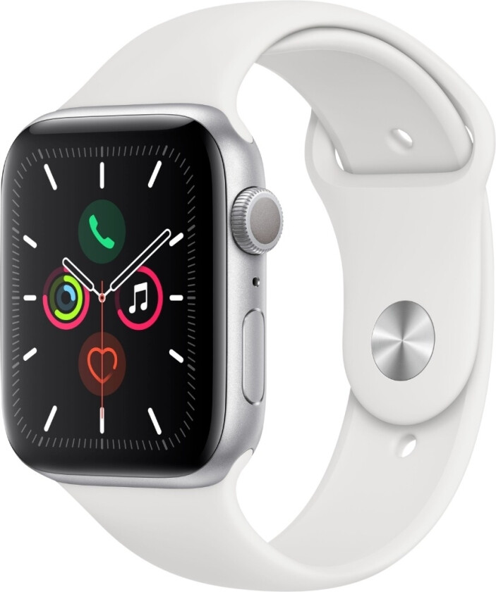 APPLE WATCH SERIES 5 44 MM SILVER ALUMINIUM//HVIT SPORT BAND