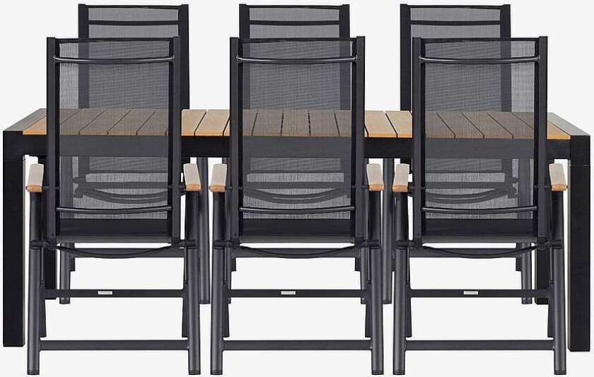 Hagegruppe med ileggsplate, 6 stoler, Svart