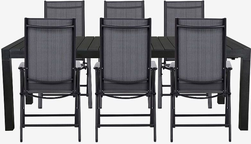 Hagegruppe med ileggsplate, 6 stoler, Svart