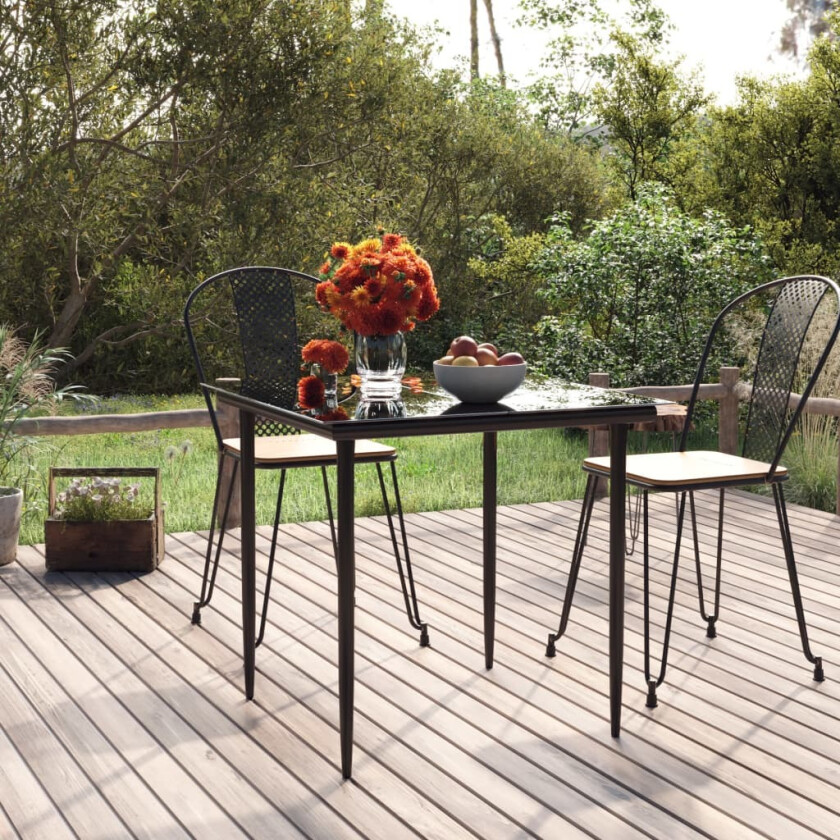 Utendørs spisebord svart 80x80x74cm stål og herdet glass