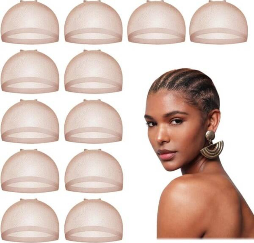 (Beige) 12 stk. Parykkhette for Lace Front Parykker, Parykkhette for å Holde Parykk på Plass, Hårnett for Parykker, Strømpe Parykkhette for Parykk