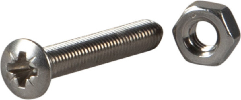 Maskinskrue med mutter linsehode phillips ph rustfritt stål m3 l: 20mm ant: 10stk