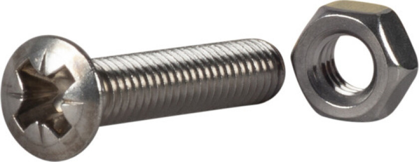 Maskinskrue med mutter linsehode phillips ph rustfritt stål m6 l: 30mm ant: 10stk