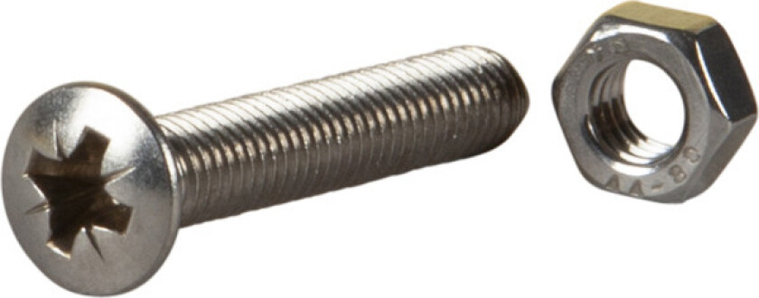 Maskinskrue med mutter linsehode phillips ph rustfritt stål m5 l: 30mm ant: 10stk