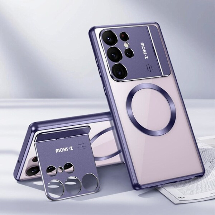 Etui til Samsung Galaxy S24 Ultra med usynlig kamerastativ, kompatibel med MagSafe, 360 graders beskyttelse magnetisk metallstøtfanger bak PC-deksel purple S24 Ultra