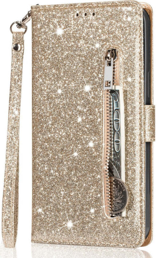 Samsung Galaxy A56 (5G) Glitter Flip Deksel m. Glidelåslomme & Ståfunksjon - Gull