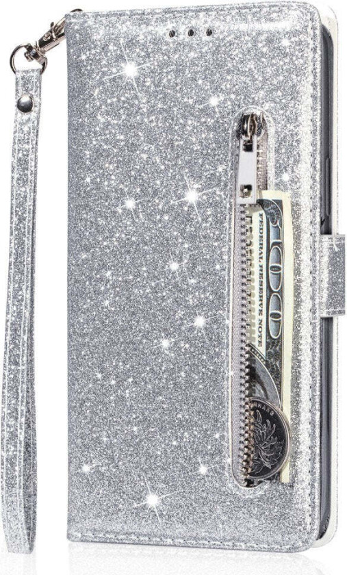 Samsung Galaxy A56 (5G) Glitter Flip Deksel m. Glidelåslomme & Ståfunksjon - Sølv