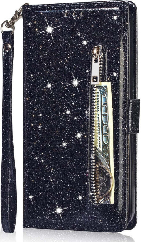Samsung Galaxy A56 (5G) Glitter Flip Deksel m. Glidelåslomme & Ståfunksjon - Svart