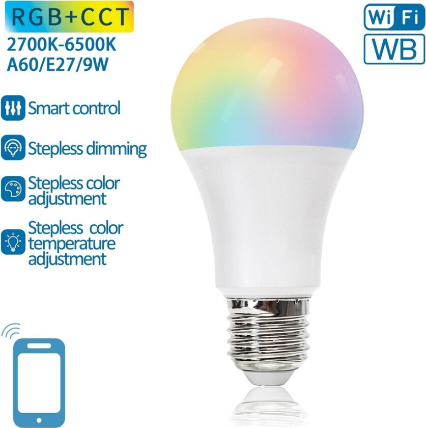 Aigostar SMART WiFi/BT, A60, E27 Mat LED Pære 9W i RGB+CCT