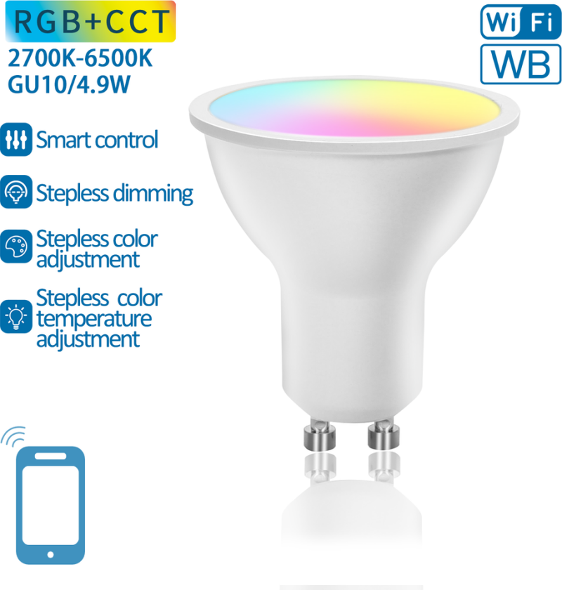 Aigostar SMART WiFi/BT, GU10 LED Pære 4,9W i RGB+CCT - 120°