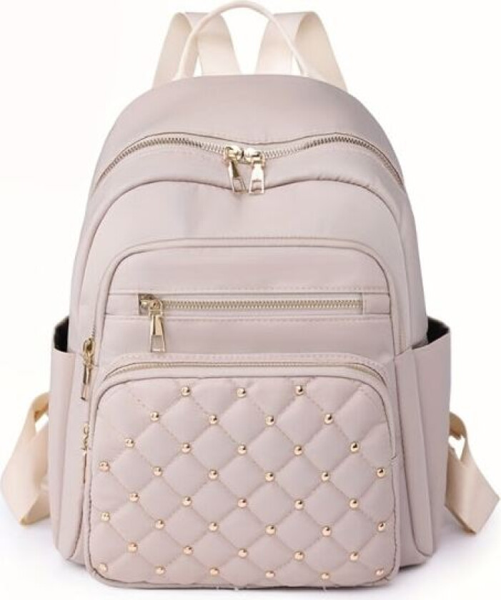 Uformell Ryggsekk i Ensfarget Farge, Quiltet Nagler Dekor Ryggsekk, Glidelås Dame Reise Ryggsekk Beige