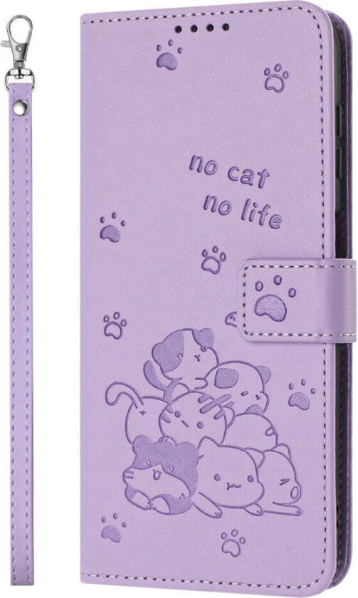 iPhone 16e Kunstskinn Flip Deksel m. Kattemønster - Lilla