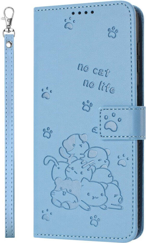 iPhone 16e Kunstskinn Flip Deksel m. Kattemønster - Blå