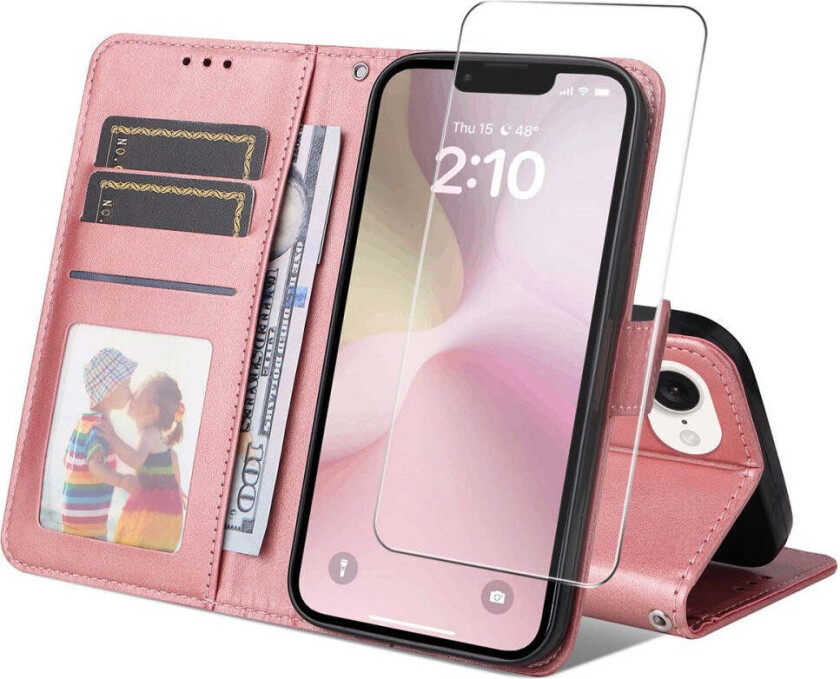 ENKAY iPhone 16e 2-i-1 Kunstskinn Flip Deksel m. Skjermbeskyttelsesglass - Rosa