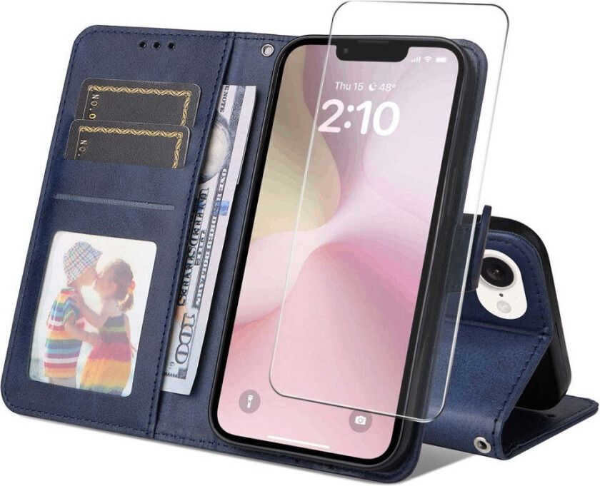 ENKAY iPhone 16e 2-i-1 Kunstskinn Flip Deksel m. Skjermbeskyttelsesglass - Blå