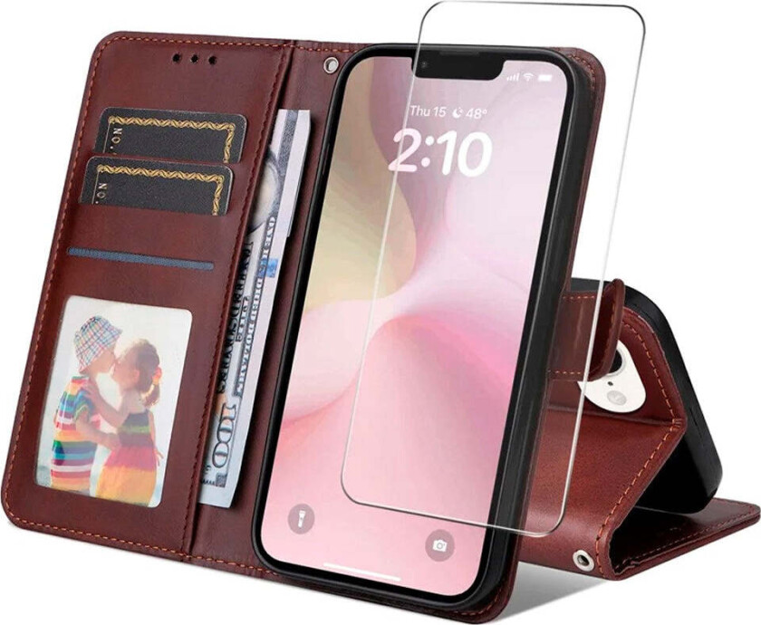 ENKAY iPhone 16e 2-i-1 Kunstskinn Flip Deksel m. Skjermbeskyttelsesglass - Brun