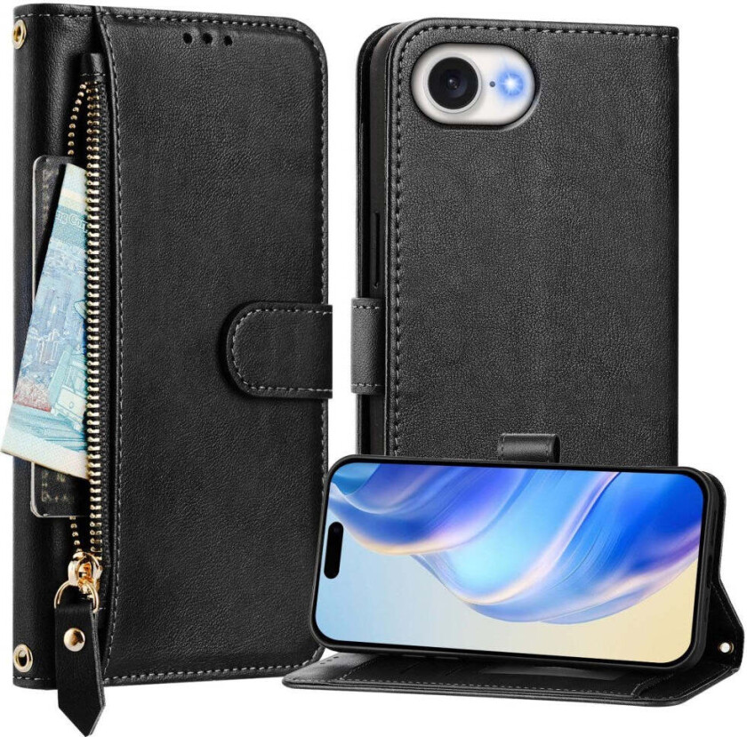 iPhone 16e Kunstskinn Flip Deksel m. Lommebok & Stropp - Svart