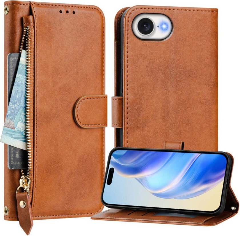 iPhone 16e Kunstskinn Flip Deksel m. Lommebok & Stropp - Brun