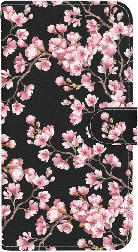 iPhone 16e Kunstskinn Deksel med Lommebok og Stropp - Svart med Blomster