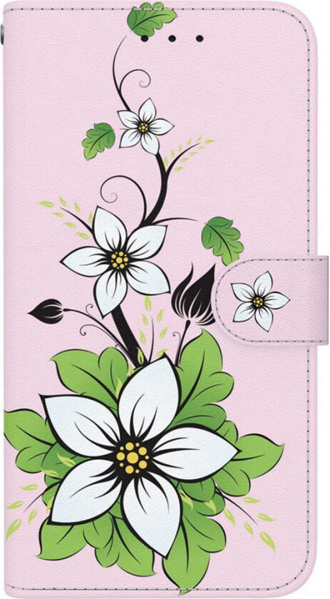 iPhone 16e Kunstskinn Deksel med Lommebok og Stropp - Hvit Lilje