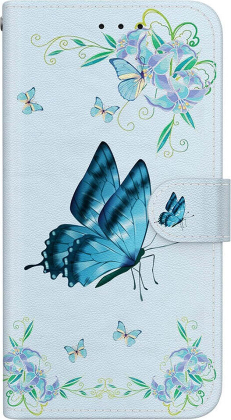 iPhone 16e Kunstskinn Deksel med Lommebok og Stropp - Blå Sommerfugl