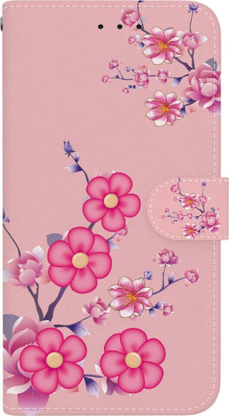 iPhone 16e Kunstskinn Deksel med Lommebok og Stropp - Rosa med Blomster