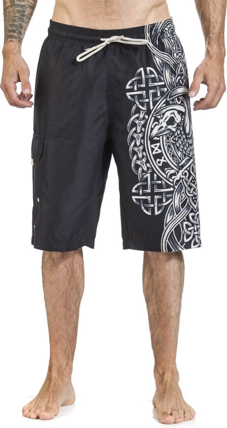 Badeshorts - Svarte Svømmeshorts med Keltisk-Style Ravn Print - S til XXL - Herrer - svart