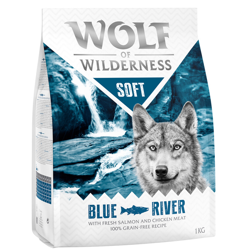 1 kg Wolf of Wilderness hundefôr til spesialpris! - Blue River - Laks (Soft & Strong)