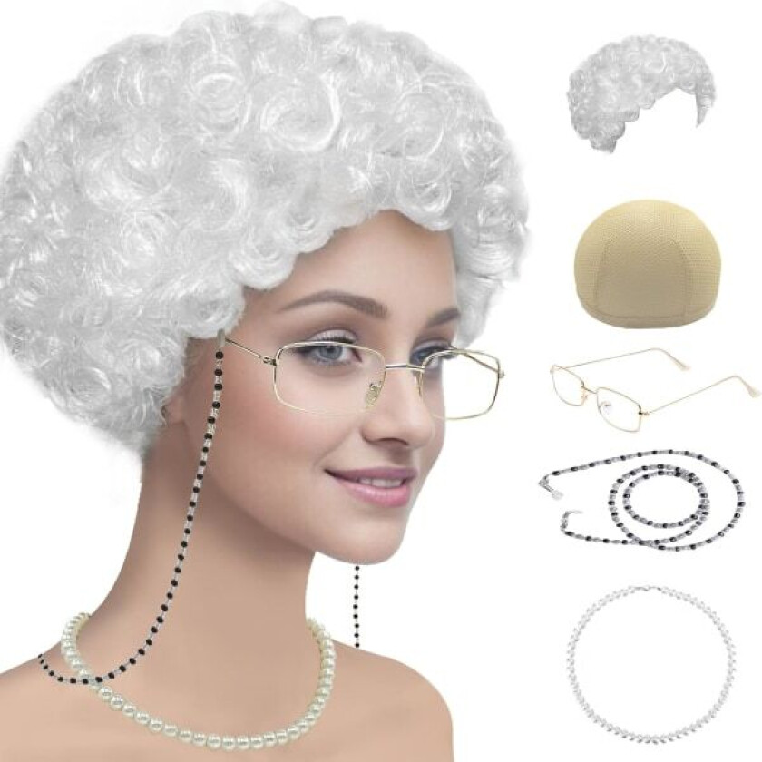 Gammel dame kostymesett Bestemor parykk Bestemor parykkhette Madea Bestemor briller Brillekjeder Snører Kunstig perleperlekjede 5 deler (hvit afro)