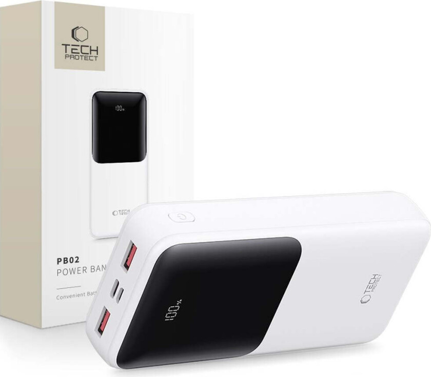 Powerbank 20000mAh – Rask lading med 22.5W - Hvit