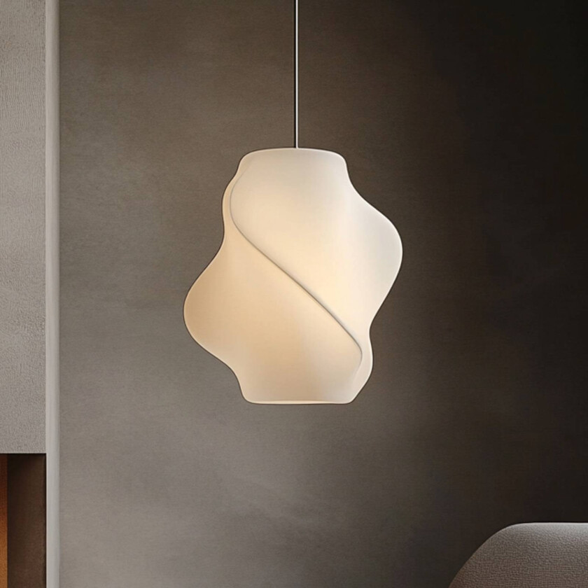 Lucande hengelampe Tovina, tekstil, hvit, Ø35cm