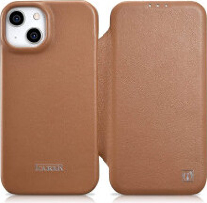 iPhone 14 Plus skinndeksel med klaff magnetisk MagSafe CE Premium Leather lysebrunt