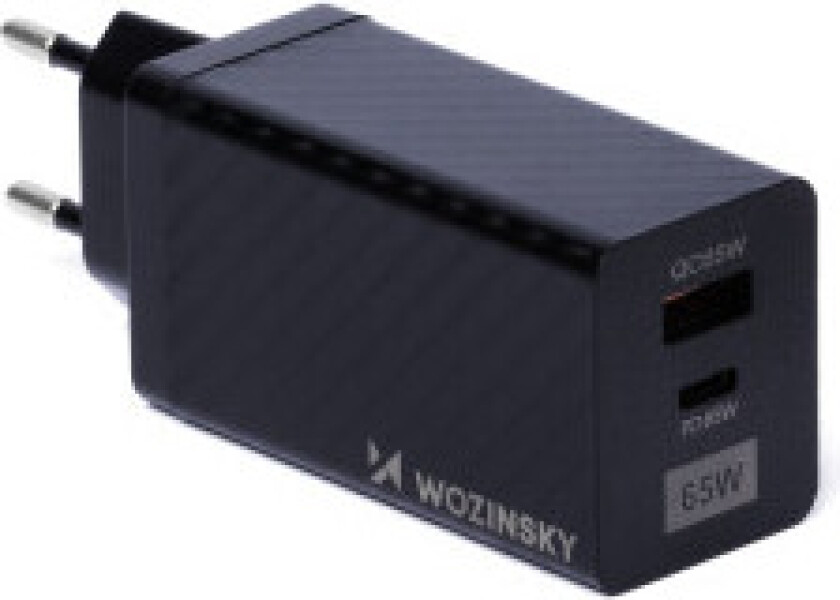 65W GaN-lader med USB-C QC 3.0 PD-porter, svart