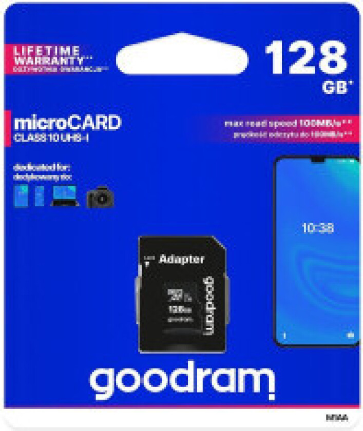 Mikrokort 128GB micro SD XC UHS-I klasse 10 minnekort + SD-adapter