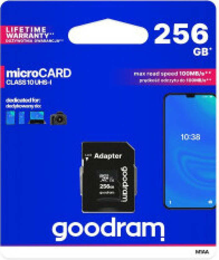 Mikrokort 256GB micro SD XC UHS-I klasse 10 minnekort + SD-adapter