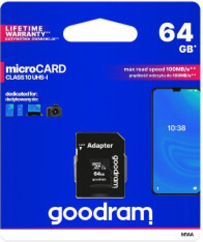 Mikrokort 64GB micro SD XC UHS-I klasse 10 minnekort + SD-adapter