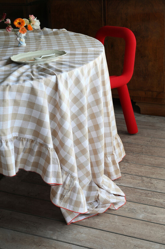 Duk med volang Check - Beige