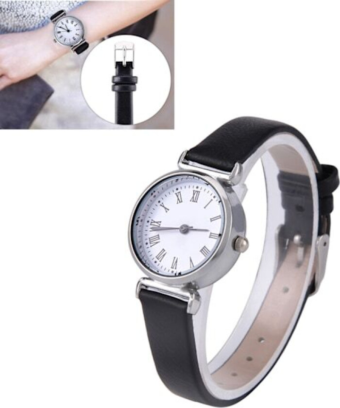 Elegant Liten Enkel Mote Dame Klokke Retro Lær Mini Armbåndsur (Svart)
