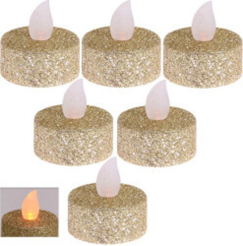 Sett med 6 gullglitter LED telys