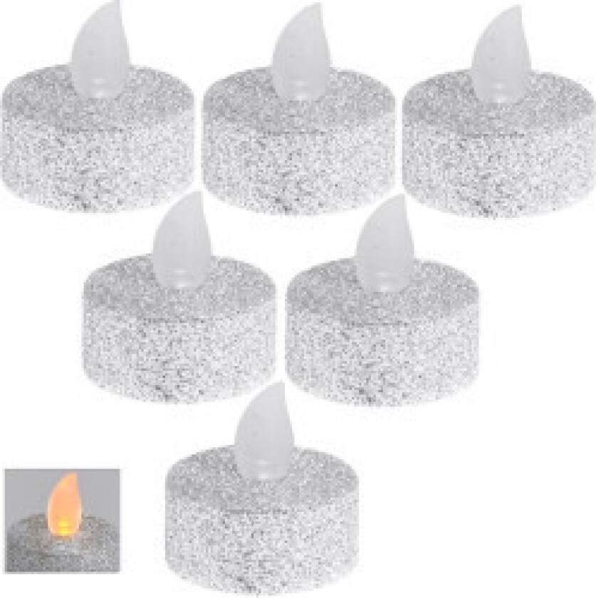 Sett med 6 sølvglitter LED telys