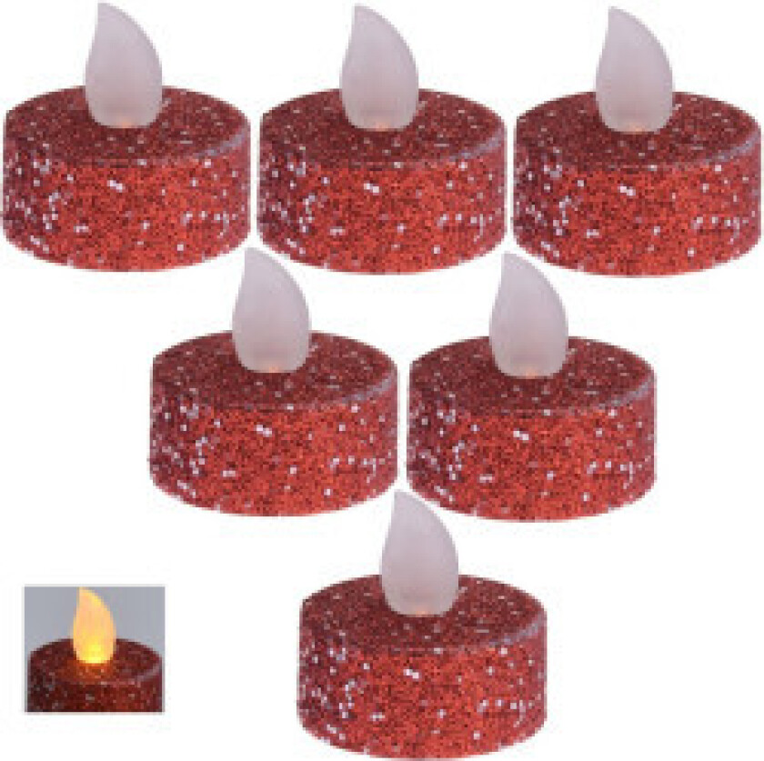 Sett med 6 røde glitter LED telys