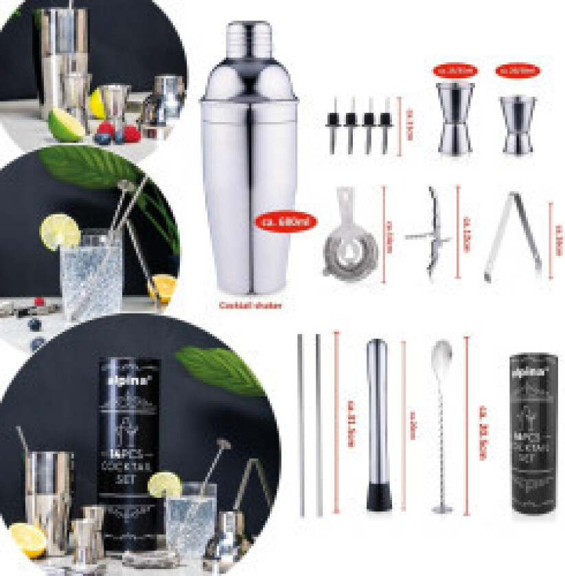 Bartendersett med 14 elementer, drinkshaker og Alpina-tang