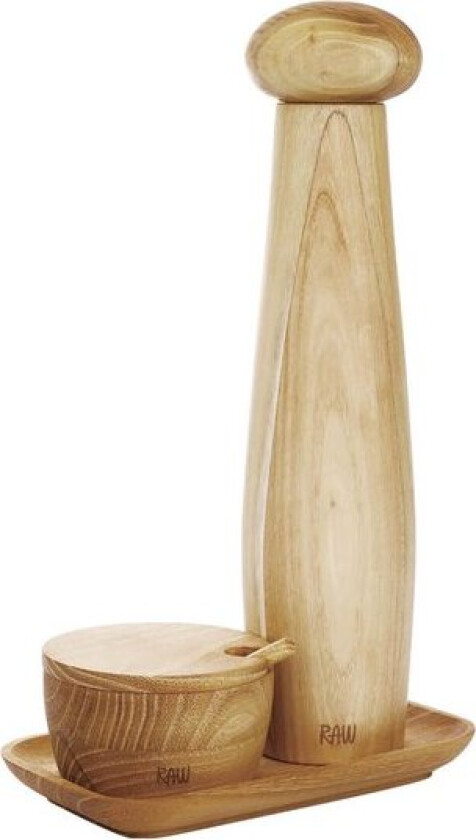 Bilde av RAW Teak keramisk pepperkvern med brett og saltkar