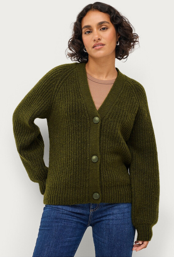 Ribbestrikket cardigan med knapper - Grønn