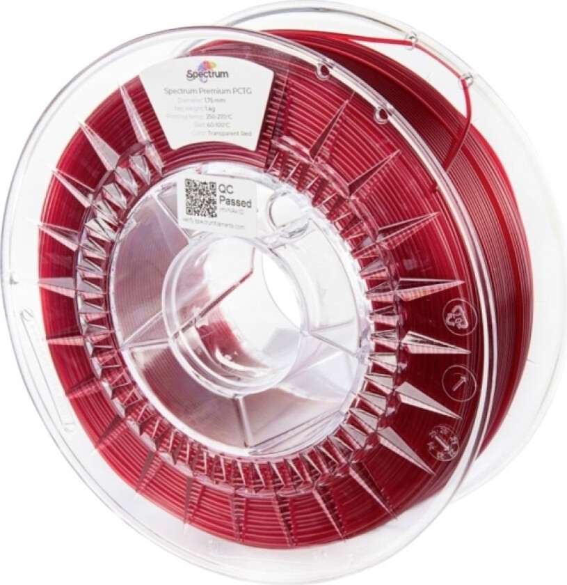 Spectrum Filaments 80738 Premium Pctg Filament Pctg Kemisk Bestandig, Lugtsvag 1.75 Mm 1000 G Transparent Red, Rød 1 Stk