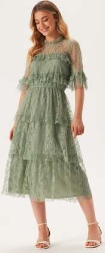 Frill Lace Midi Dress Dusty green 38