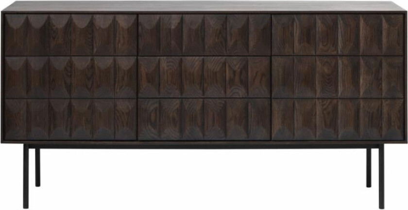 Skinnende skjenk, m. 2 dører, 2 hyller og 3 skuffer - espresso eik og sort metall