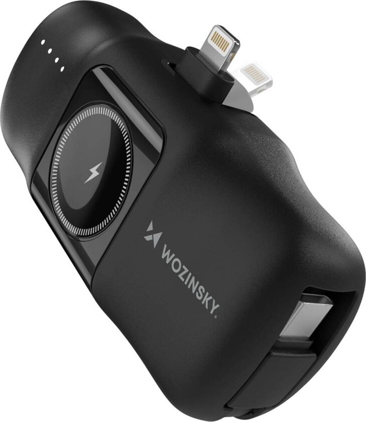 3-i-1 mini powerbank med Lightning kontakt, Apple Watch og USB-C kabel - 5000mAh - Sort