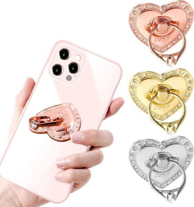3 stk. Mobiltelefon Ringholder Hjerte Metall Rhinestone 360 Graders Rotasjon Fingerring for Alle Smarttelefoner